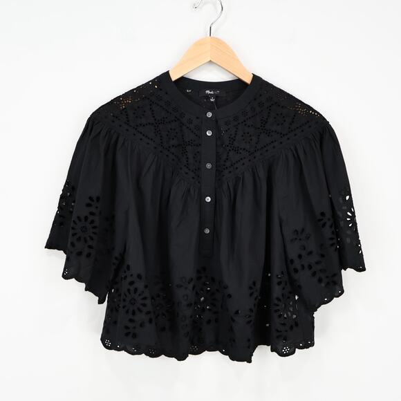 Madewell Embroidered Shirred Henley Top Black Size Small NWT - Picture 2 of 8